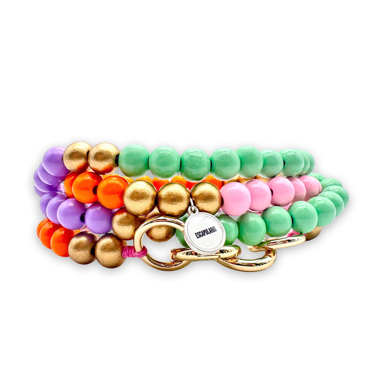 Escapulario Handykette Pop Mix Orange aus bunten Holzperlen mit fröhlichen Anhängern als sommerliches Accessoire für dein Smartphone.