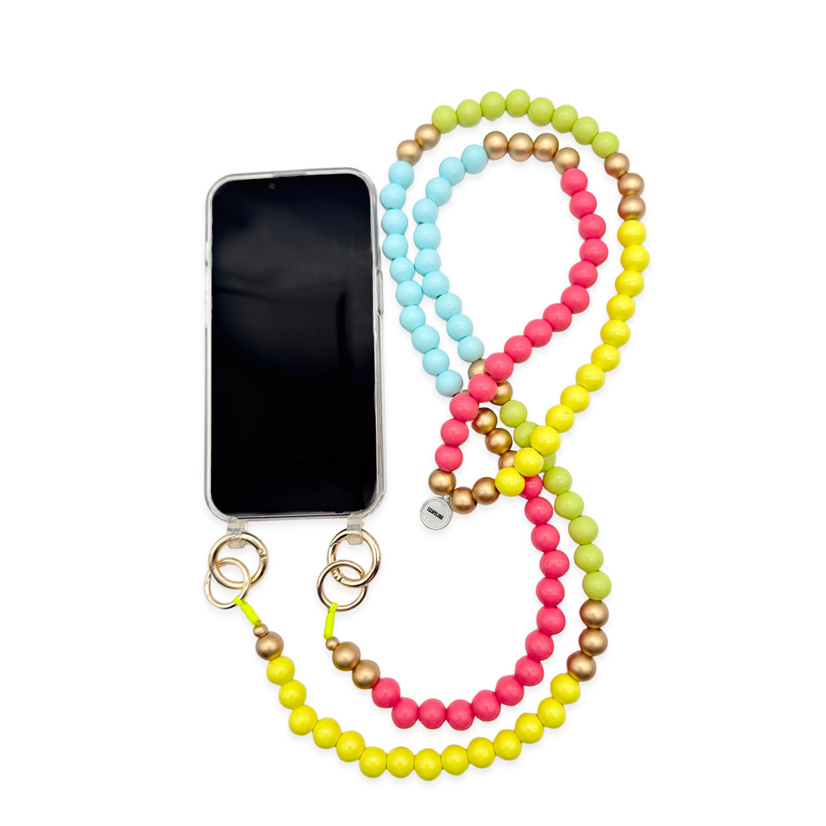 Escapulario Handykette Pop Mix Yellow aus bunten Holzperlen mit gelben Akzenten und Anhängern als Gute-Laune-Accessoire für dein Smartphone.