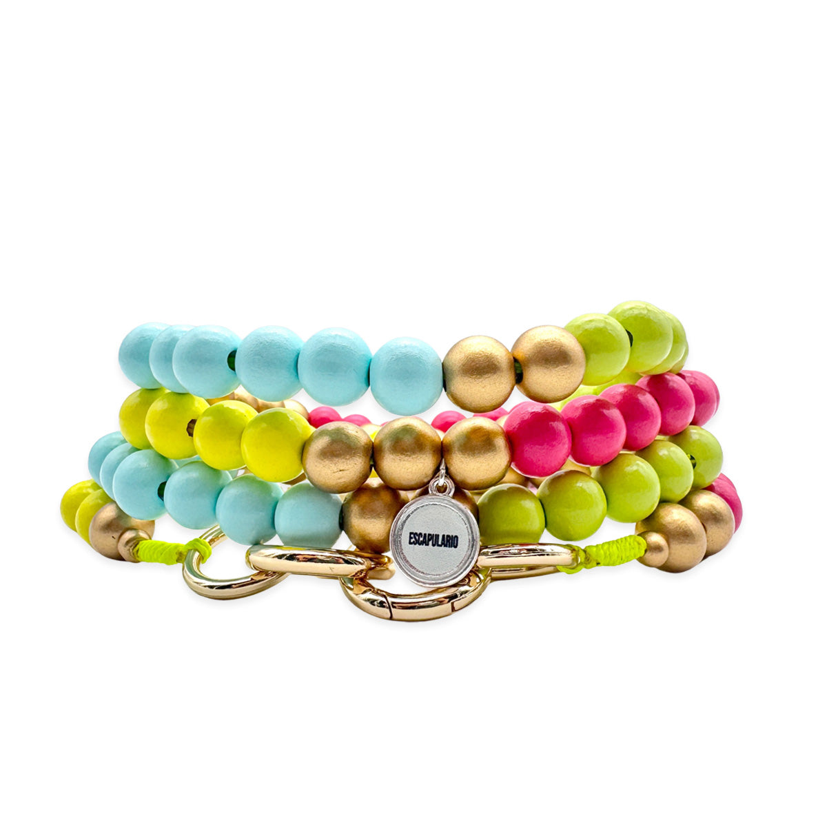 Escapulario Handykette Pop Mix Yellow aus bunten Holzperlen mit gelben Akzenten und Anhängern als Gute-Laune-Accessoire für dein Smartphone.