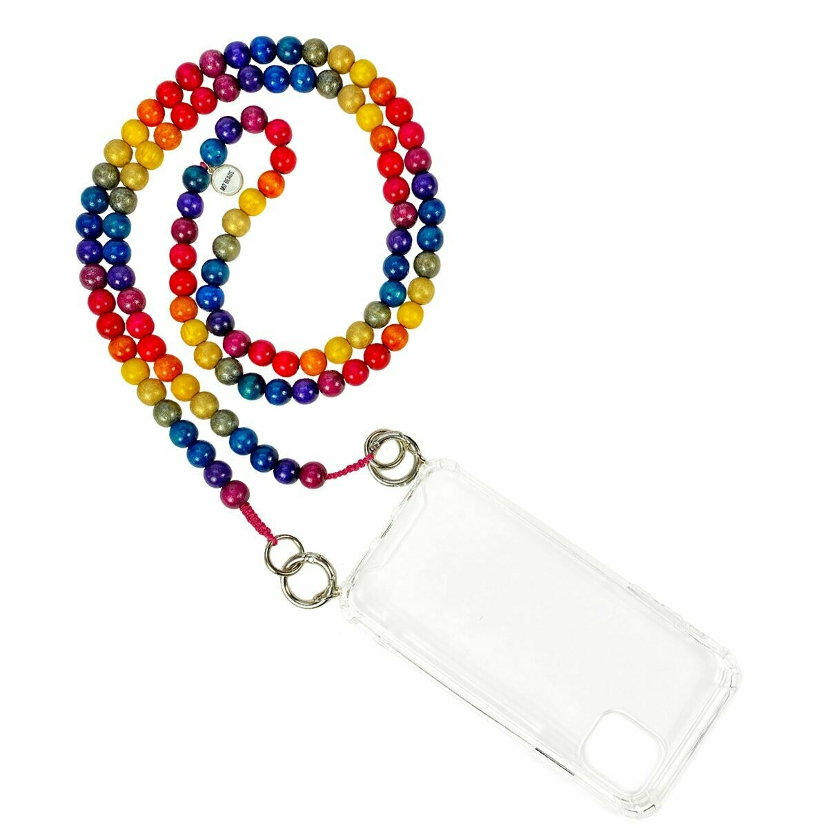 Escapulario Handykette Rainbow mit bunten Regenbogen-Perlen und Karabinern als fröhliches Smartphone-Accessoire für Frauen.