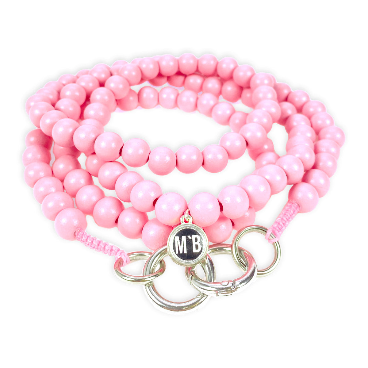 Escapulario Handykette Rosa Pastell mit pastellrosa Perlen und Metallkarabinern als romantisches Smartphone-Accessoire für Frauen.