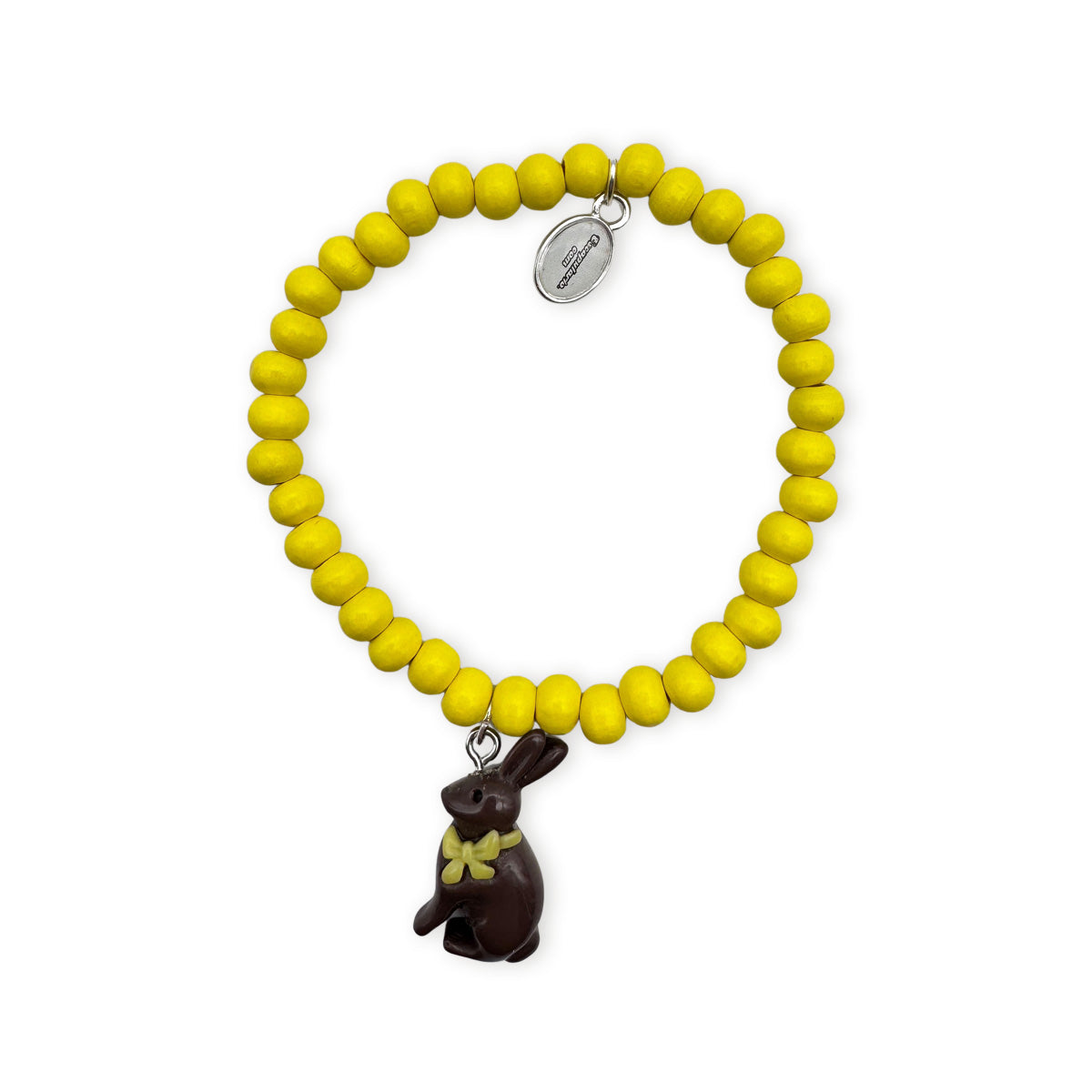 Escapulario Holzarmband in Gelb mit Hasenanhänger aus Holzperlen als fröhliches Armband für Mädchen und Frauen.
