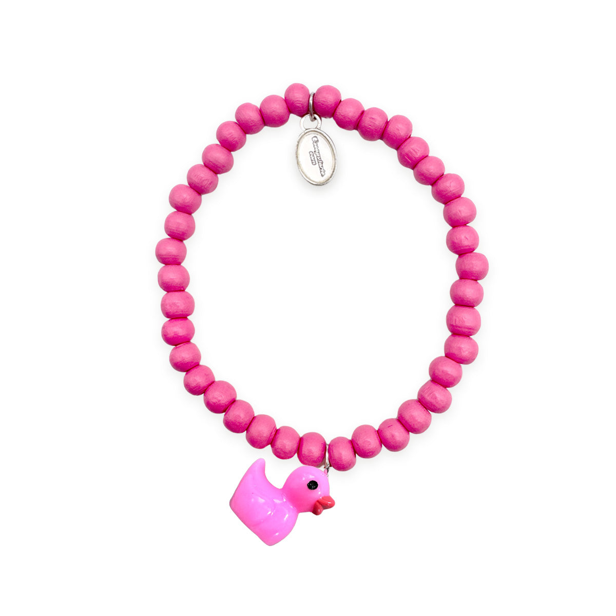 Escapulario Holzarmband in Lipstick-Pink mit Entenanhänger aus Holzperlen als farbenfrohes Statement-Armband für Frauen.