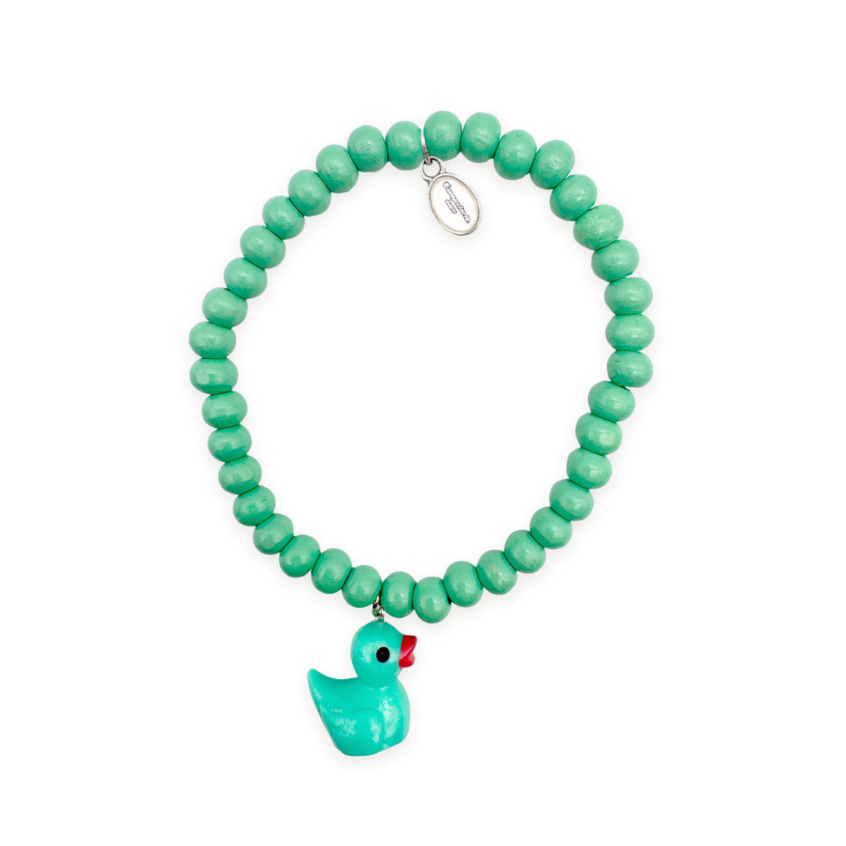 Escapulario Holzarmband in Mint mit Entenanhänger aus Holz und bunten Perlen als frisches Accessoire fürs Handgelenk von Damen.