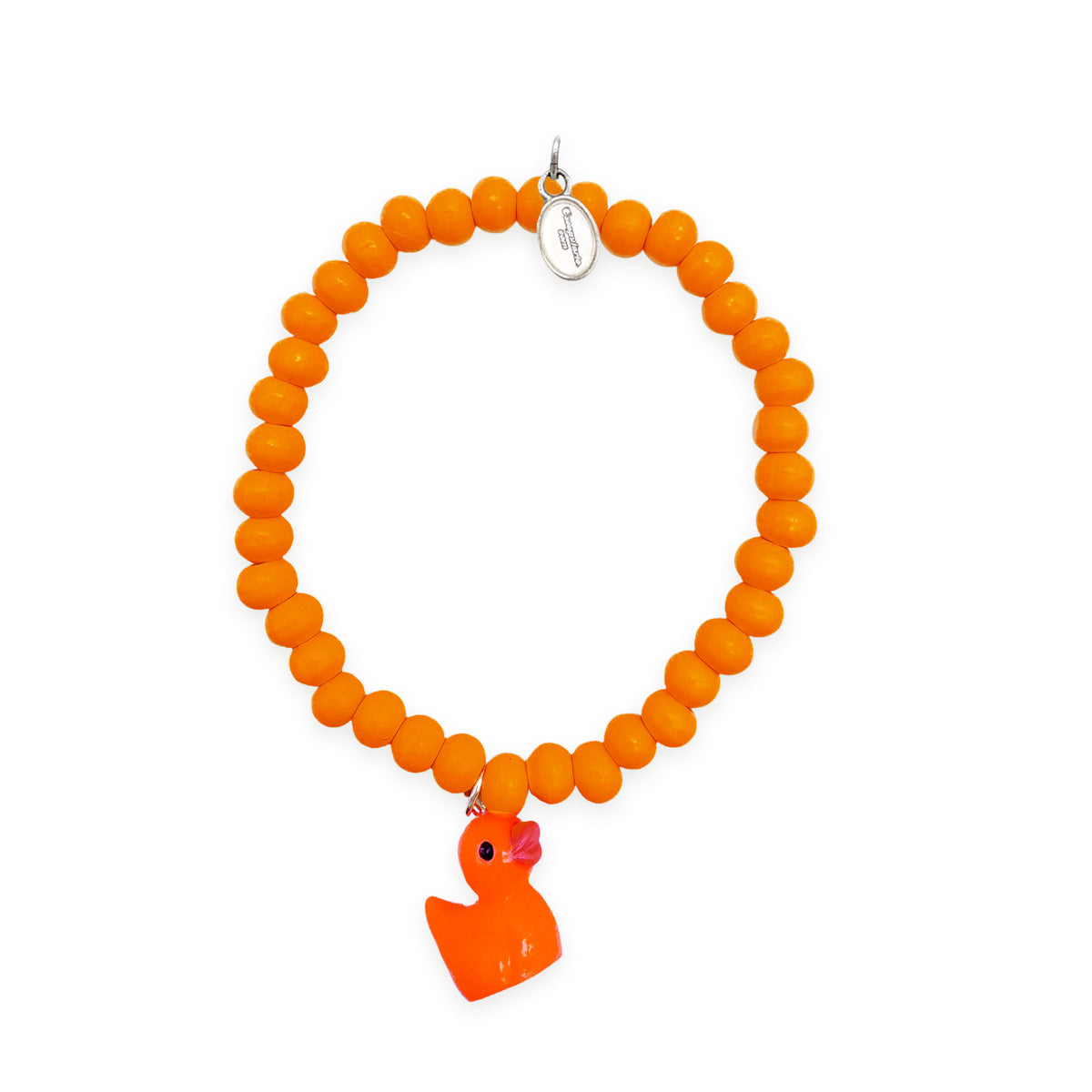 Escapulario Holzarmband in Orange mit Entenanhänger aus Holz und bunten Perlen als leuchtendes Sommer-Accessoire fürs Handgelenk von Damen.