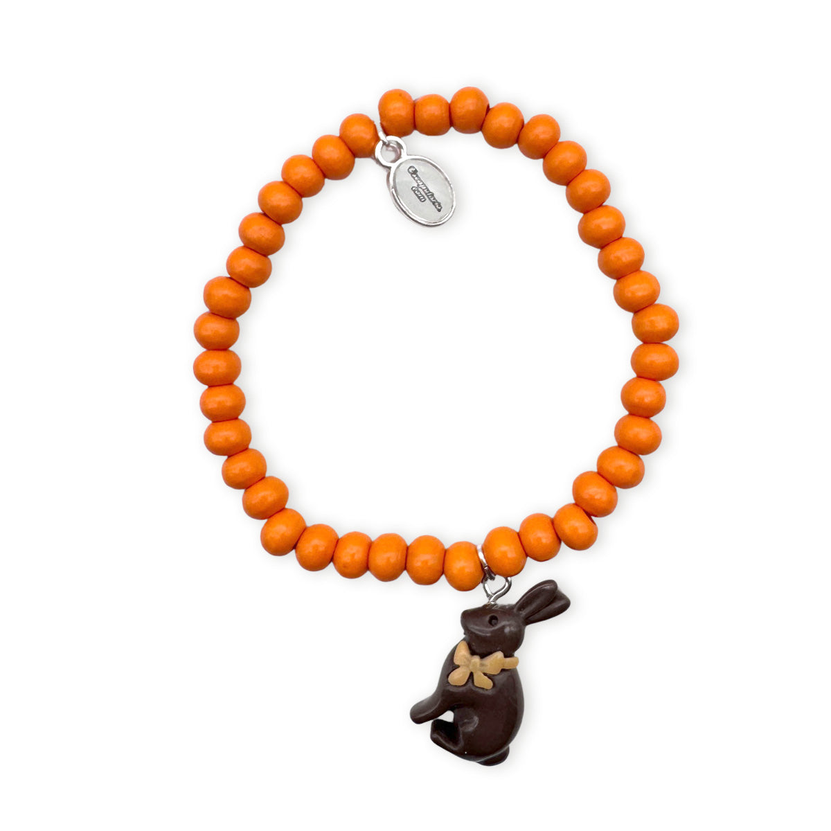 Escapulario Holzarmband in Orange mit Hasenanhänger aus Holz und bunten Perlen als leuchtendes Frühlings-Accessoire fürs Handgelenk.