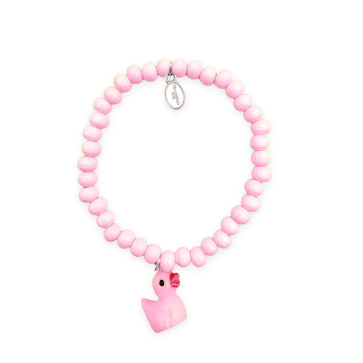 Escapulario Holzarmband in Rosa mit Entenanhänger aus Holzperlen als süßes Armband für Mädchen und junge Frauen.