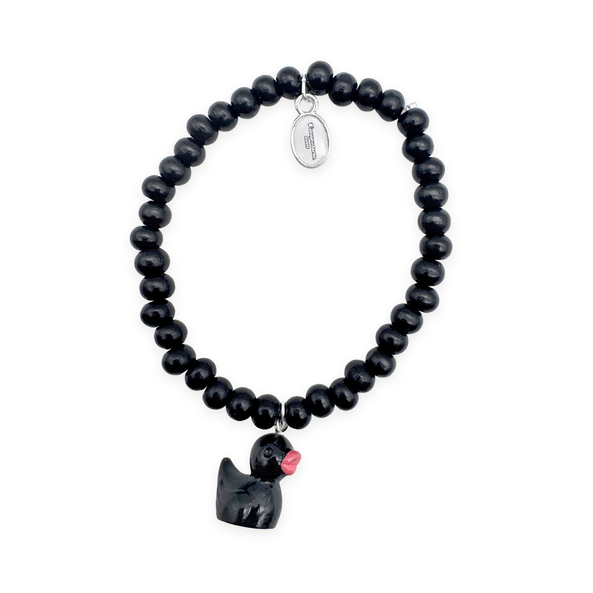 Escapulario Holzarmband in Schwarz mit Entenanhänger aus Holz und kontrastierenden Perlen als lässiges Everyday-Accessoire für Damen.