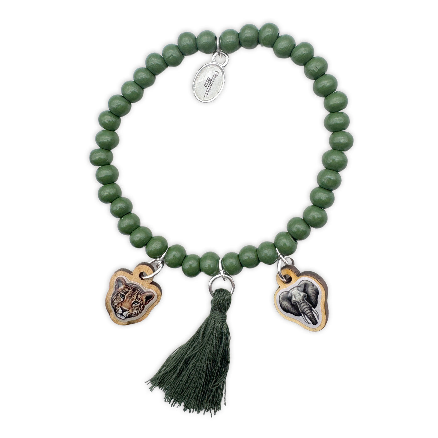 Escapulario Holzarmband in Bambusgrün mit Leopard- und Elefanten-Anhängern als exotisches Holzperlenarmband für Tierfans.