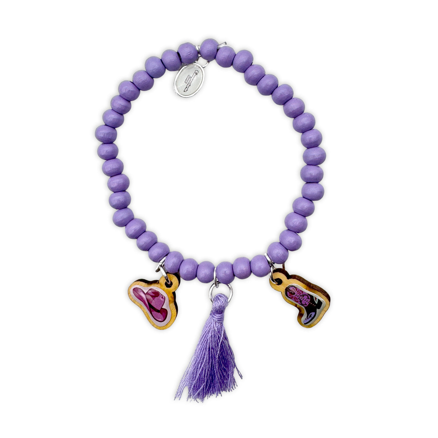 Escapulario Holzarmband in Flieder mit Hut-und-Stiefel-Anhängern aus Holz als charmantes Armband im Western-Style.