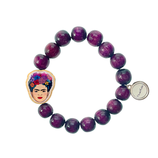 Escapulario Holzarmband Frida Kahlo in Aubergine aus 12mm Perlen mit elastischem Band als tiefes elegantes Armband für modebewusste Damen.