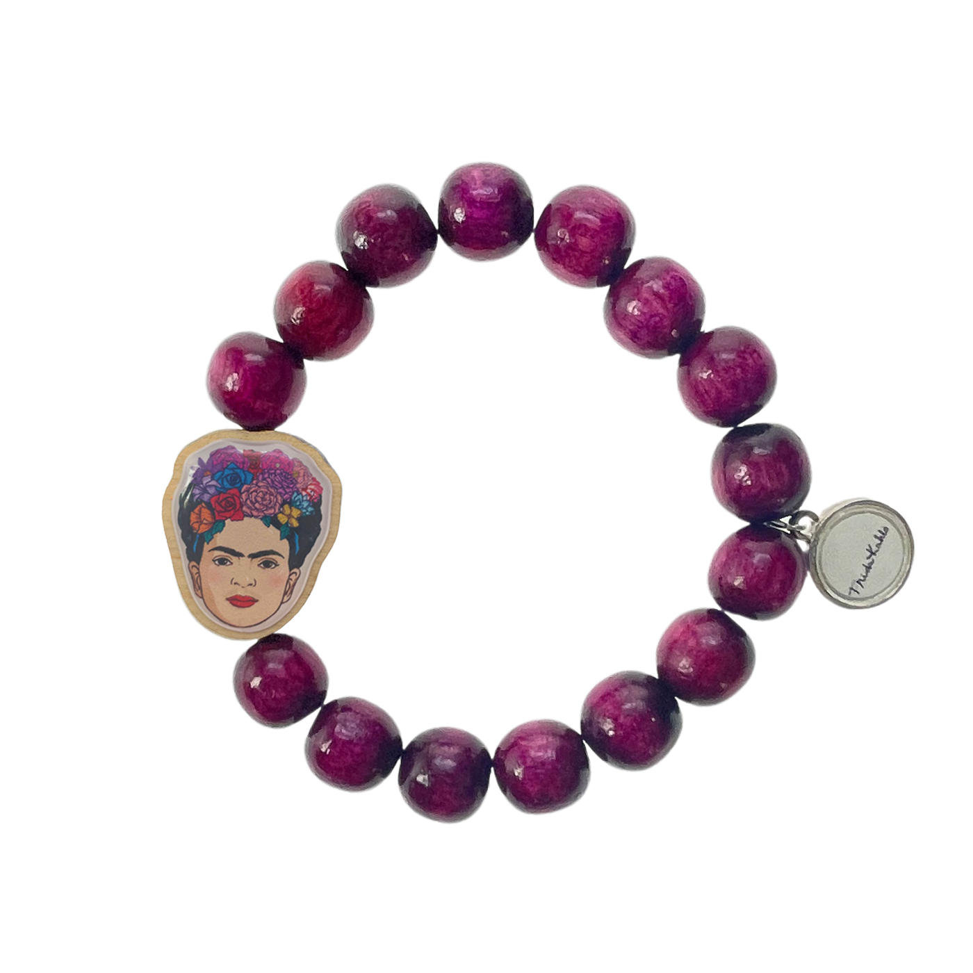 Escapulario Holzarmband Frida Kahlo in Bordeaux aus 12mm Perlen mit elastischem Band als elegantes tiefes Armband für modebewusste Frauen.