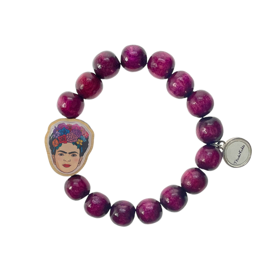 Escapulario Holzarmband Frida Kahlo in Bordeaux aus 12mm Perlen mit elastischem Band als elegantes tiefes Armband für modebewusste Frauen.