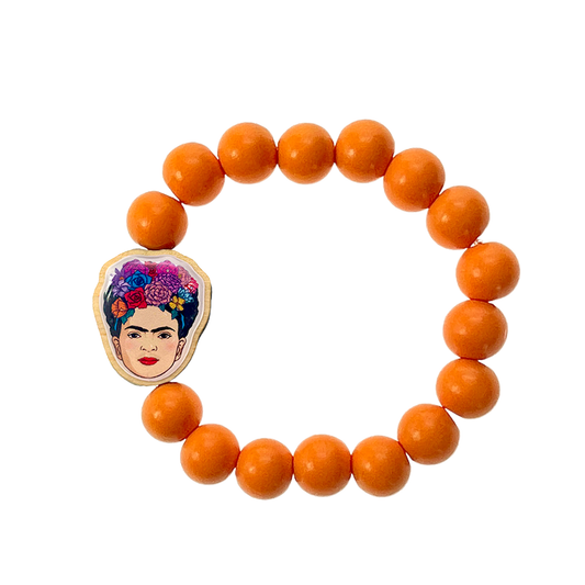 Escapulario Holzarmband Frida Kahlo in Orange aus 12mm Perlen mit elastischem Band als strahlendes fruchtig buntes Armband für Damen.