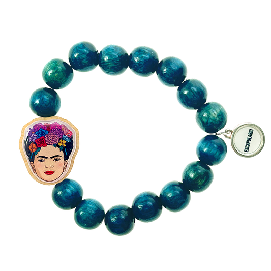 Escapulario Holzarmband Frida Kahlo in Petrol aus 12mm Perlen mit elastischem Band als tiefes sattes Armband für modebewusste Frauen.