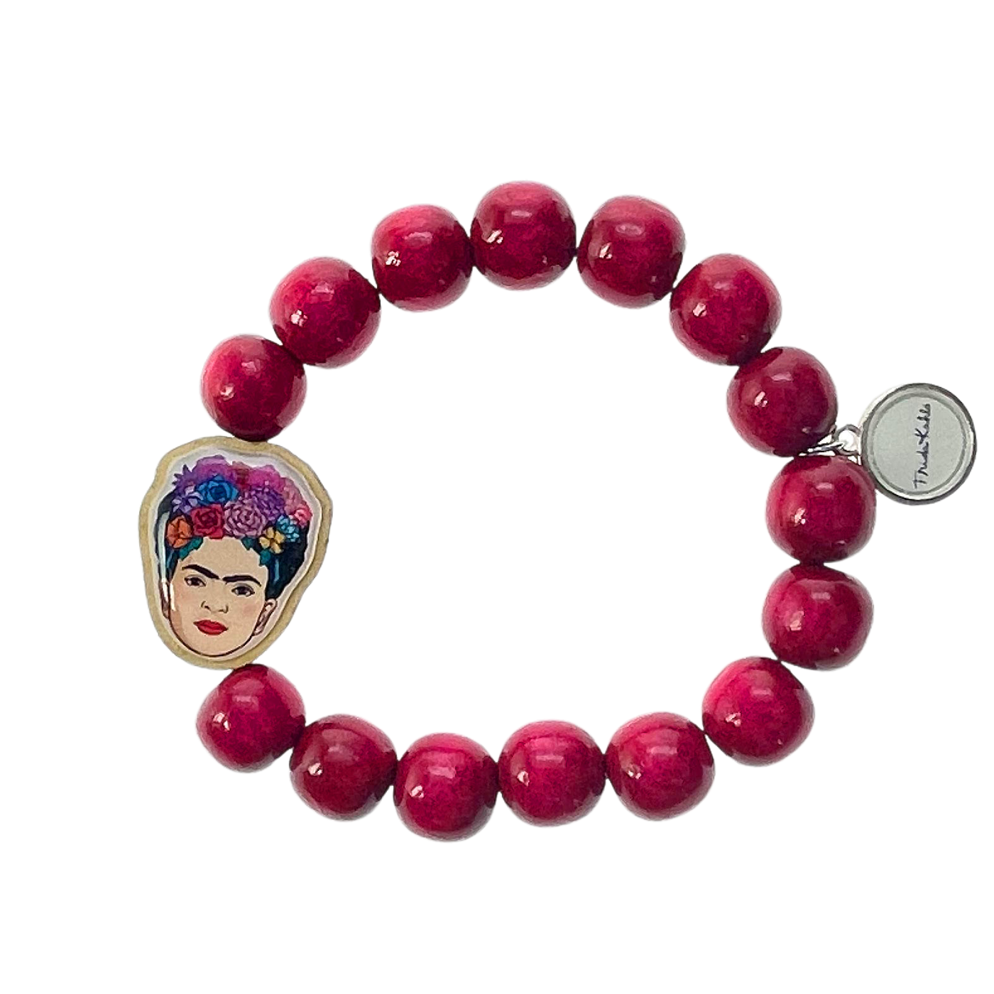 Escapulario Holzarmband Frida Kahlo in Pink aus 12mm Perlen mit elastischem Band als auffälliges künstlerisches Armband für Frauen.
