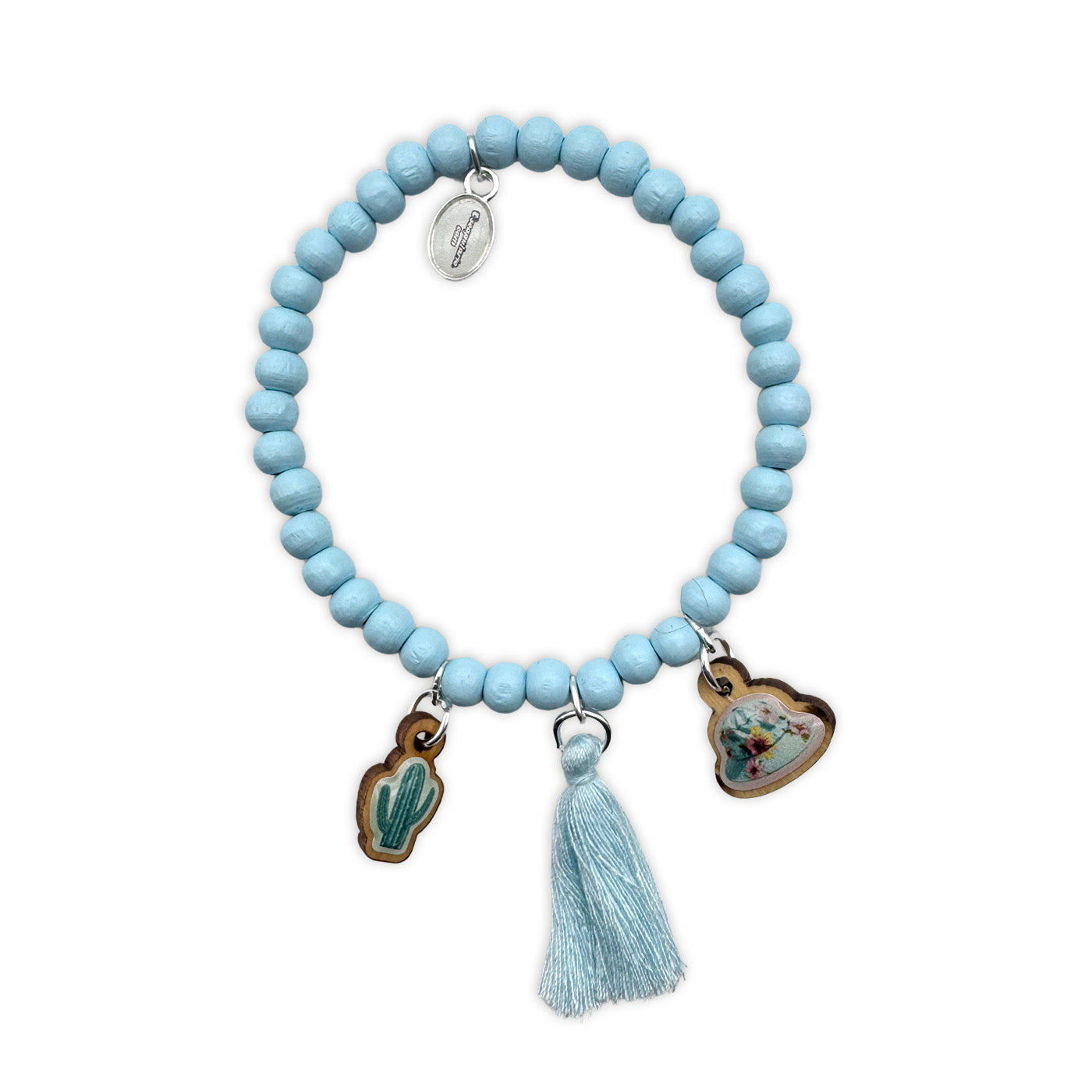 Escapulario Holzarmband in Hellblau mit Kaktus- und Strandhut-Anhängern als sommerliches Beach-Armband aus Holzperlen.