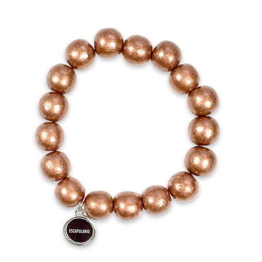 Escapulario Holzarmband in Kupfer aus 12mm Perlen mit elastischem Band als warmes metallisches Armband für Frauen.
