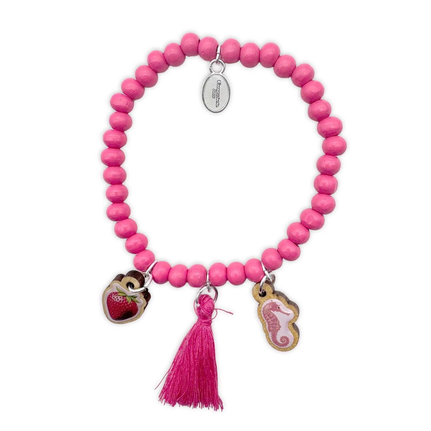 Escapulario Holzarmband in Lipstick-Pink mit Erdbeer- und Seepferdchen-Anhängern als farbenfrohes Sommerarmband aus Holzperlen.