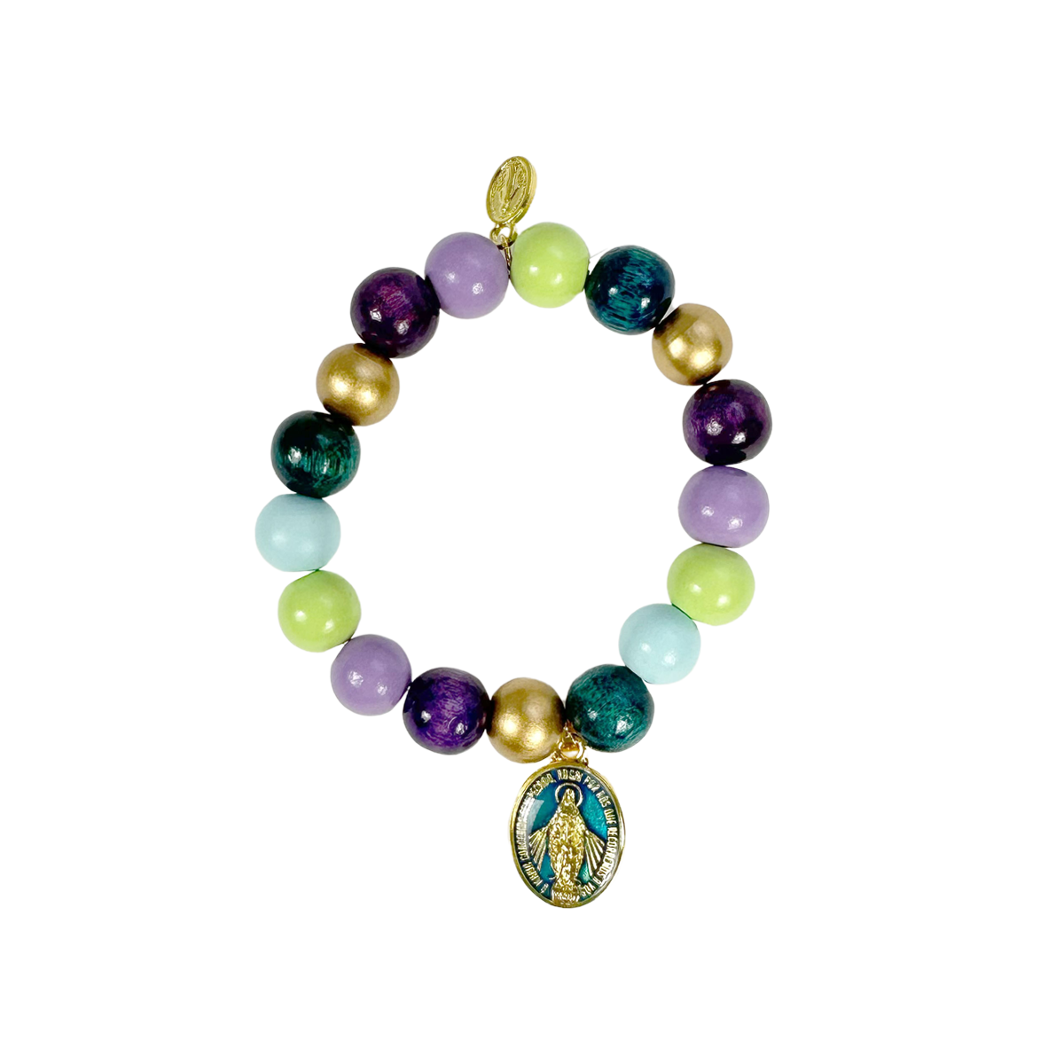 Escapulario Holzarmband Madonna Bunt aus 12mm Perlen mit elastischem Band als spirituelles buntes Armband für modebewusste Frauen.