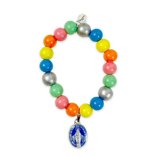 Escapulario Holzarmband Madonna Candy aus 12mm Perlen mit elastischem Band als verspieltes buntes Armband für modebewusste Damen.