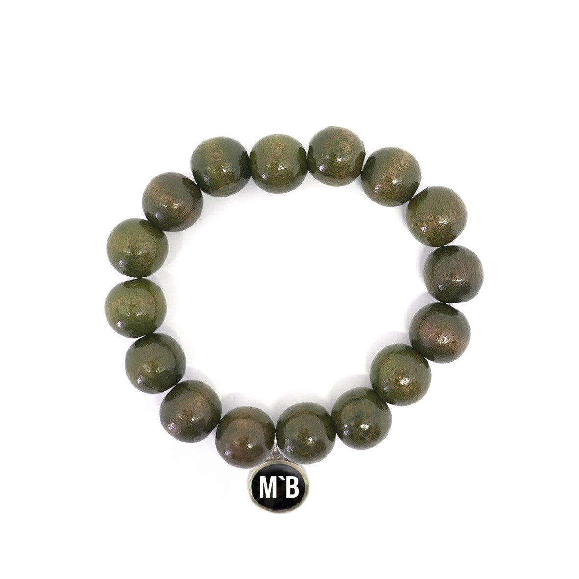 Escapulario Holzperlenarmband in Olive aus 12mm Holzperlen mit elastischem Band als geerdetes naturnahes Accessoire für modebewusste Frauen.