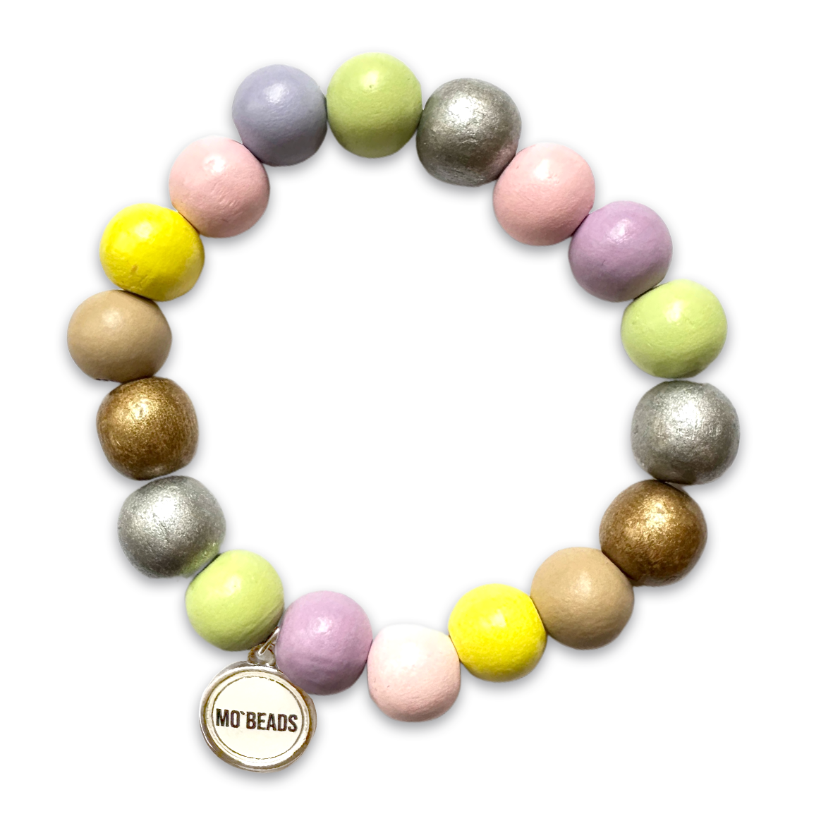 Escapulario Holzarmband Pastell Mix aus 12mm Perlen mit elastischem Band als zartes buntes Armband für Damen die Pastellfarben lieben.