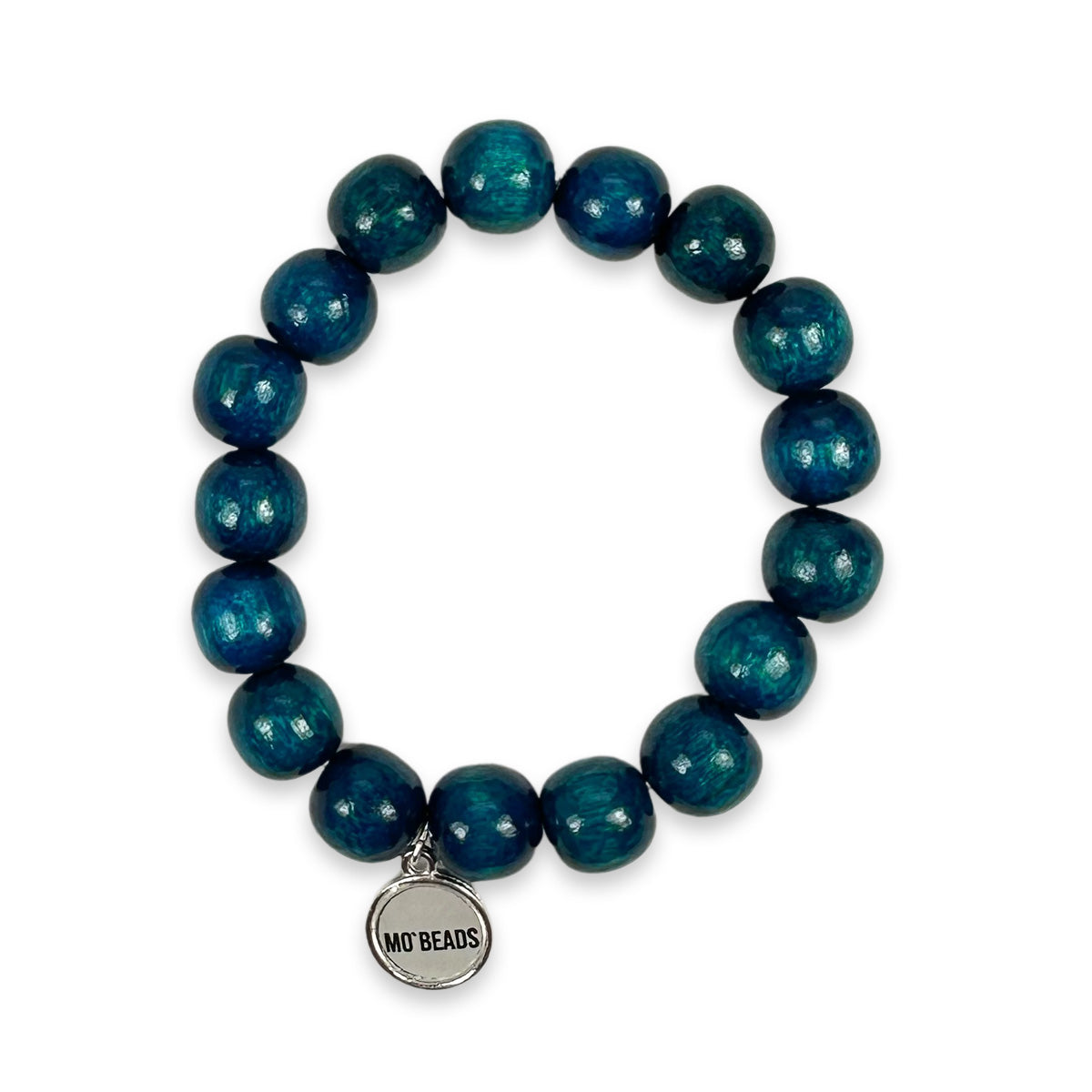 Escapulario Holzperlenarmband in Petrol aus 12mm Holzperlen mit elastischem Band als tiefes sattes Accessoire für Damen.