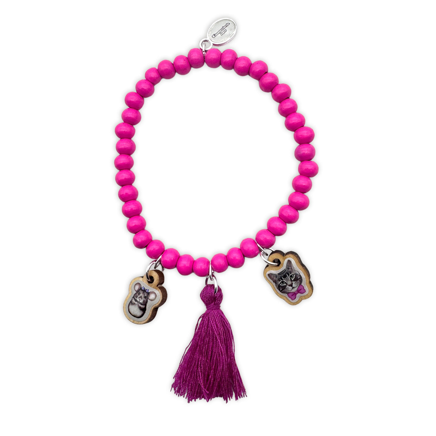Escapulario Holzarmband in Pink mit Katze-und-Maus-Anhängern aus Holz als verspieltes Kinderarmband und Gute-Laune-Accessoire.