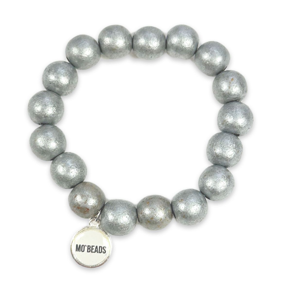 Escapulario Holzperlenarmband in Silber aus 12mm Holzperlen mit elastischem Band als edles schimmerndes Accessoire für modebewusste Frauen.