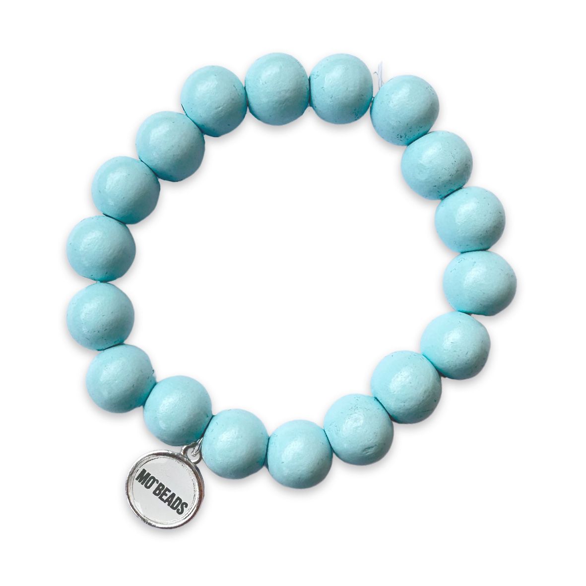 Escapulario Holzarmband in Skyblue aus 12mm Perlen mit elastischem Band als leichtes himmelsblaues Armband für Damen.
