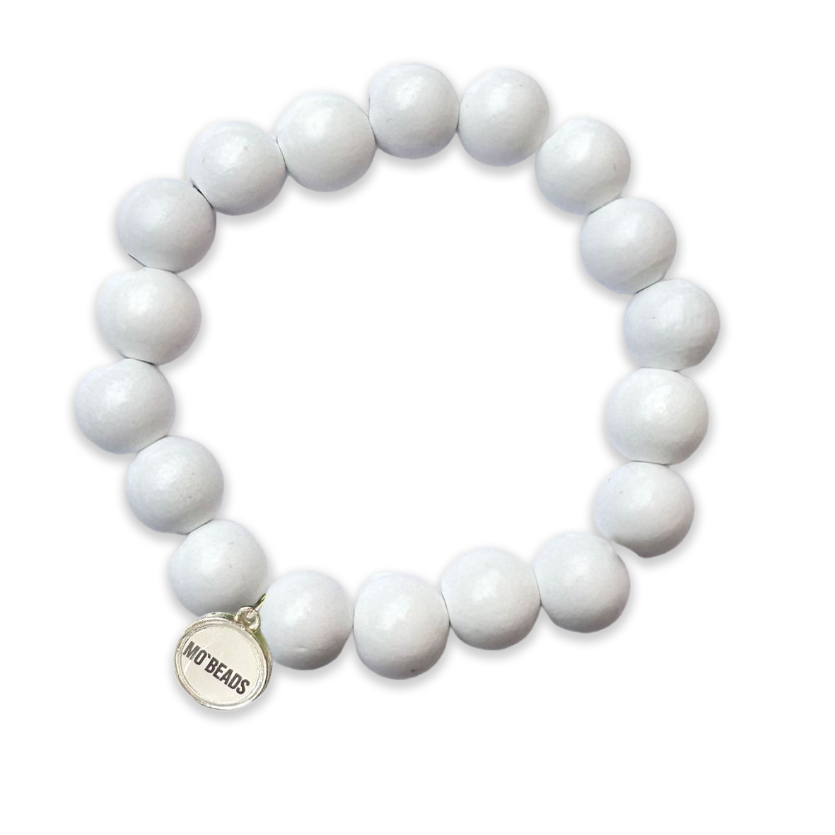 Escapulario Holzarmband in Weiss aus 12mm Holzperlen mit elastischem Band als cleanes minimalistisches Accessoire für Frauen.