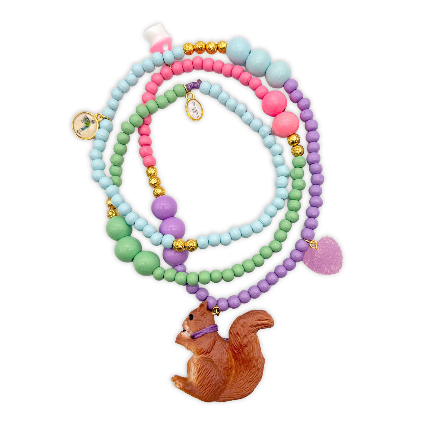 Escapulario Holzperlen Halskette Eichhörnchen in Pastellfarben mit Eichhörnchen-Motiv und feinen Holzperlen als verspielte Halskette für jeden Tag.