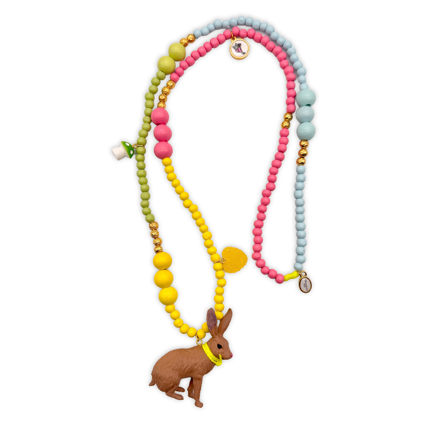 Escapulario Holzperlen Halskette Glückshase in Pastellfarben mit Hasenanhänger und zarten Holzperlen als süßes Schmuckstück für deinen Sommer-Look.