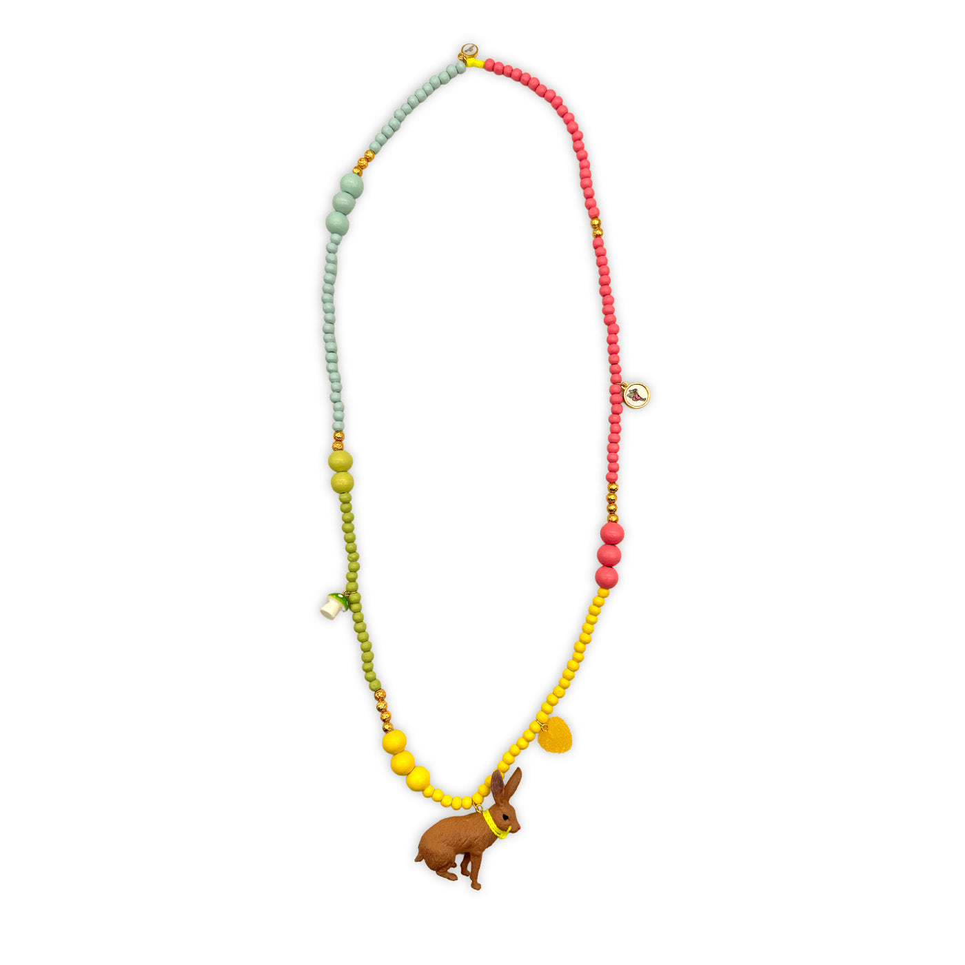 Escapulario Holzperlen Halskette Glückshase in Pastellfarben mit Hasenanhänger und zarten Holzperlen als süßes Schmuckstück für deinen Sommer-Look.