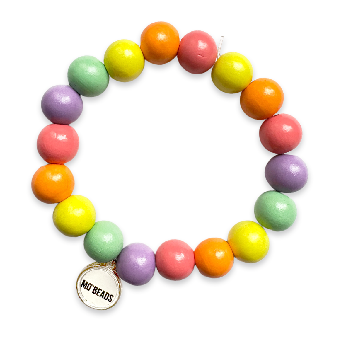 Escapulario Holzperlenarmband Candy Mix aus 12mm Holzperlen mit elastischem Band als fröhlich buntes Sommer Accessoire für Frauen.
