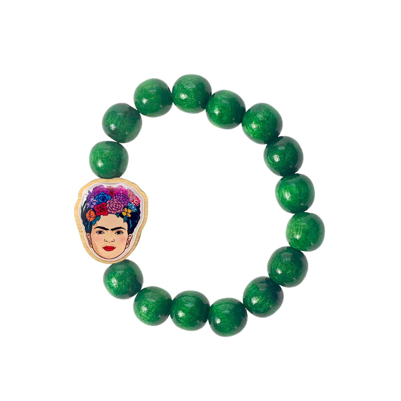 Escapulario Holzperlenarmband Frida Kahlo in Grün aus 12mm Holzperlen mit elastischem Band als frisches naturnahes Accessoire für Frauen.