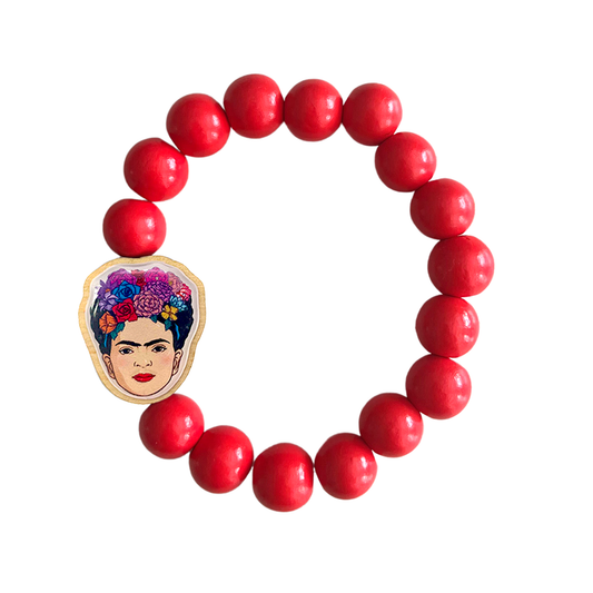 Escapulario Holzperlenarmband Frida Kahlo in Koralle aus 12mm Holzperlen mit elastischem Band als leuchtendes sommerliches Accessoire für Damen.