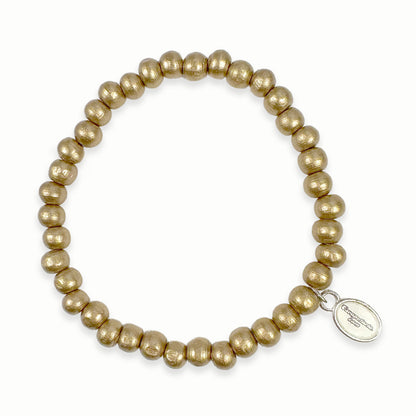 Escapulario Holzperlenarmband in Gold aus 6mm Holzperlen mit elastischem Band als edles schimmerndes Armband für modebewusste Frauen.