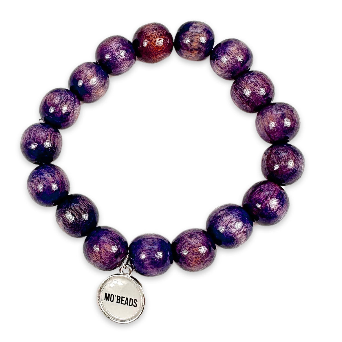 Escapulario Holzperlenarmband in Lila aus 12mm Holzperlen mit elastischem Band als feminines Statement Accessoire für modebewusste Frauen.