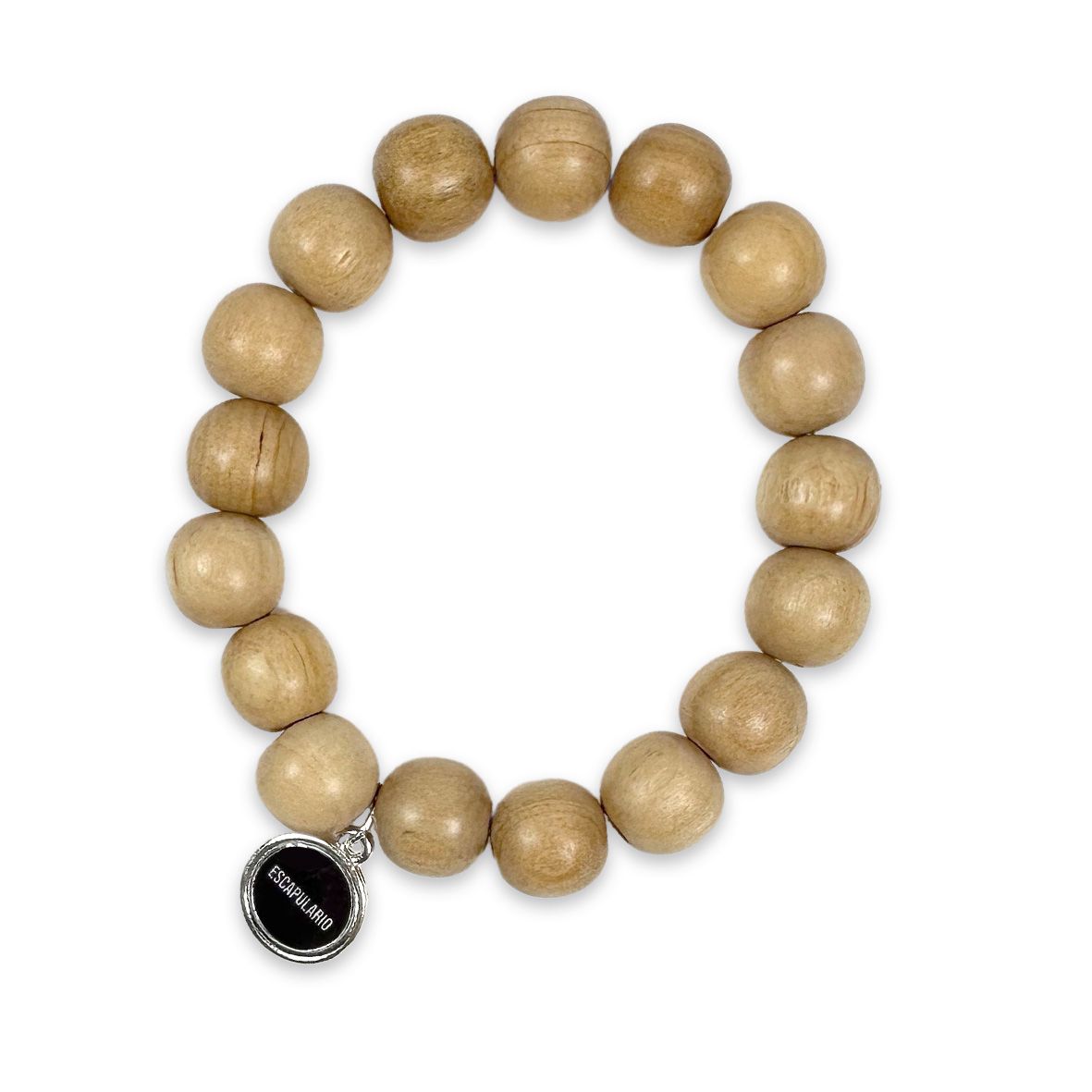 Escapulario Holzperlenarmband in Natur Hell aus 12mm Holzperlen mit elastischem Band als helles natürliches Accessoire für Damen.