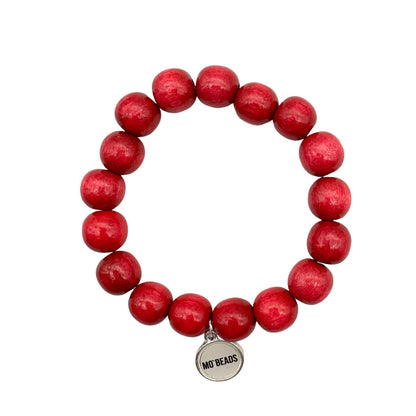 Escapulario Holzperlenarmband in Rot aus 12mm Holzperlen mit elastischem Band als auffälliges Statement Accessoire für Frauen.