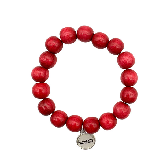 Escapulario Holzperlenarmband in Rot aus 12mm Holzperlen mit elastischem Band als auffälliges Statement Accessoire für Frauen.