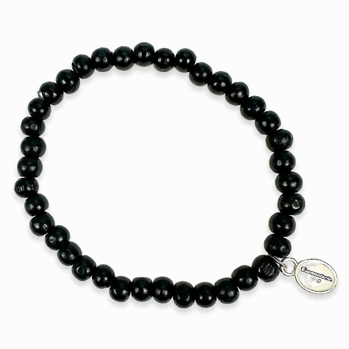 Escapulario Holzperlenarmband in Schwarz aus 6mm Holzperlen mit elastischem Band als schlichtes vielseitiges Armband für modebewusste Frauen.