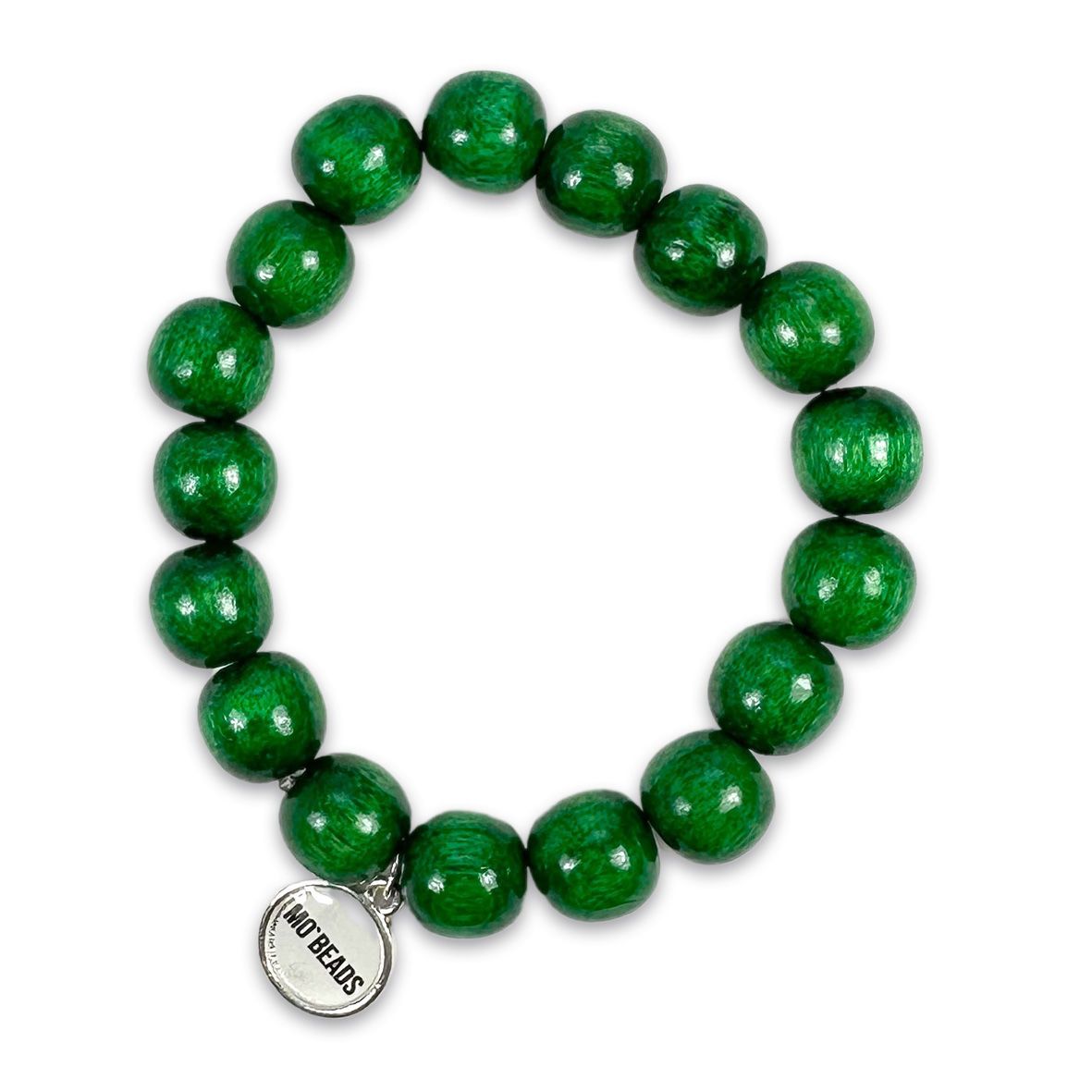 Escapulario Holzperlenarmband in Waldgrün aus 12mm Holzperlen mit elastischem Band als naturnahes sattes Accessoire für modebewusste Damen.