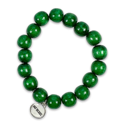 Escapulario Holzperlenarmband in Waldgrün aus 12mm Holzperlen mit elastischem Band als naturnahes sattes Accessoire für modebewusste Damen.