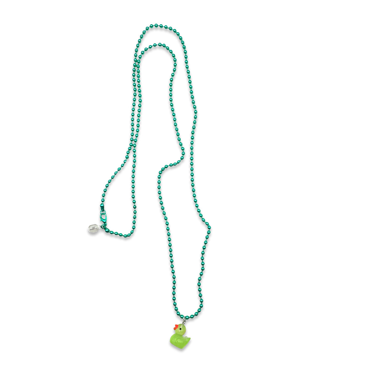 Escapulario handgemachte Kugelkette in Metallic Grün mit fluoreszierender Acryl-Ente als Anhänger.