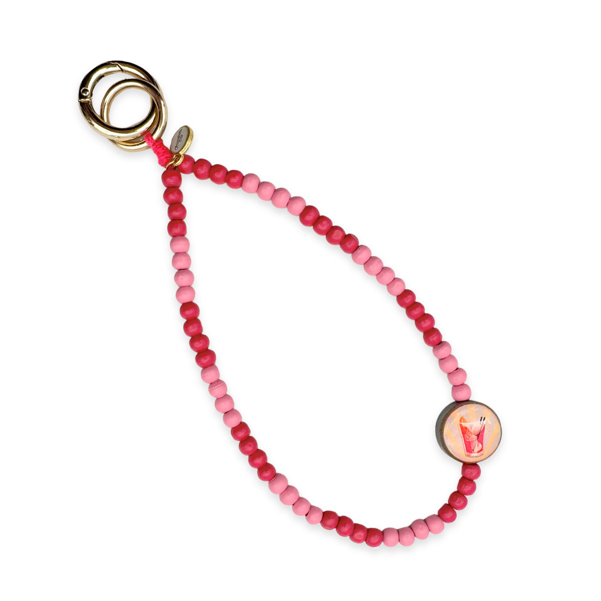Escapulario kurze Handykette Apricot-Koralle mit warmen Perlenfarben, Pin aus Holz und Metallkarabinern als sommerliches Smartphone-Accessoire.