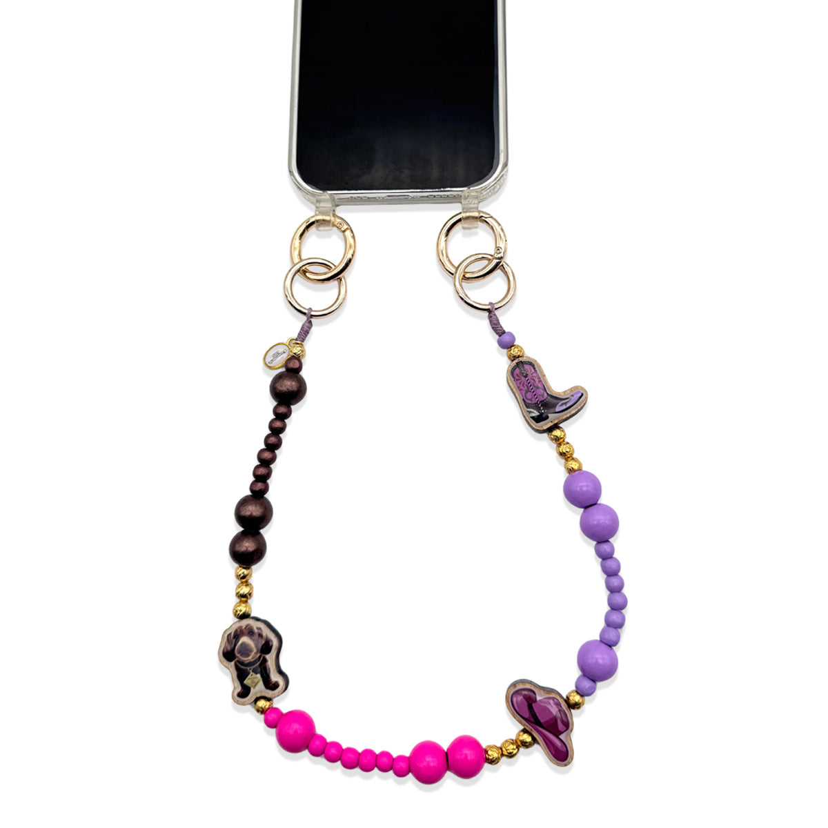 Escapulario kurze Handykette Cowgirl aus Holzperlen mit vergoldeten Akzenten als edles Smartphone-Accessoire im Western-Style.