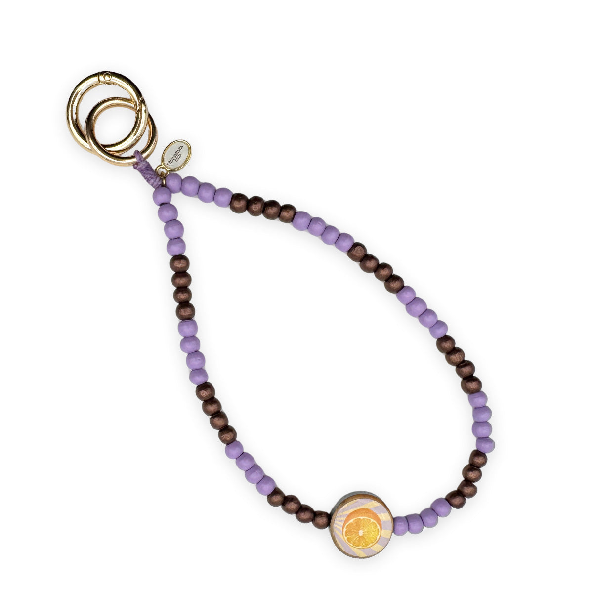 Escapulario kurze Handykette Flieder-Bronze mit zweifarbigen Perlen, Holzpin-Anhänger und Karabiner als elegantes Handyband für Frauen.
